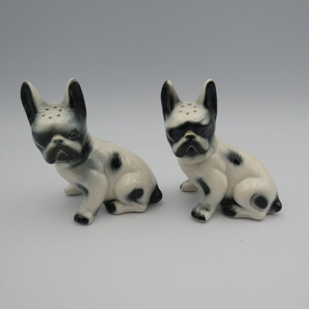 Vintage Ceramic French Bulldog Salt and Pepper Shakers Figural Black White Pied